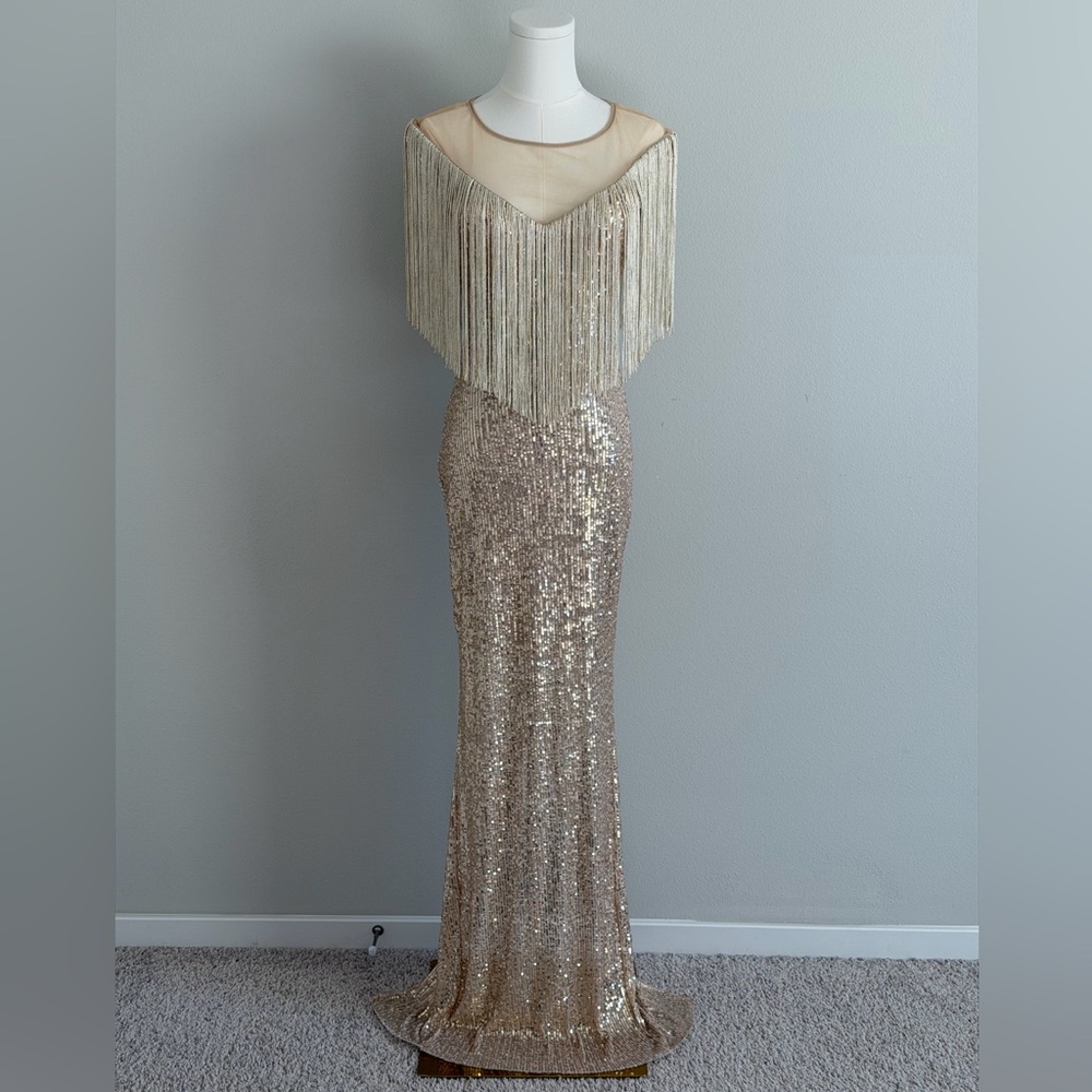 Evening Glam Gold Sequin Fringe Gown Maxi Stretch Dress-Wadding /Gatsby-XS/S